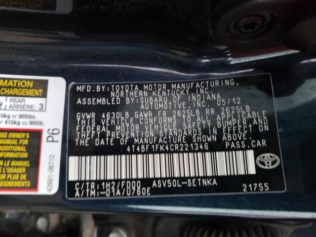 2012 TOYOTA CAMARY 4T4BF1FK4CR221346