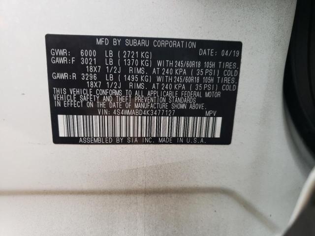 2019 SUBARU ASCENT PRE 4S4WMABD4K3477127