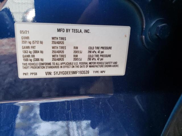 2021 TESLA MODEL Y 5YJYGDEE9MF193539