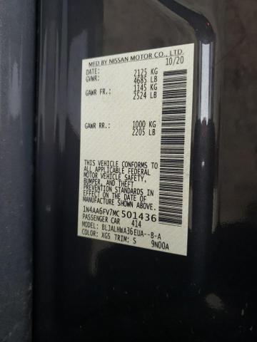 2021 NISSAN MAXIMA PLA 1N4AA6FV7MC501436