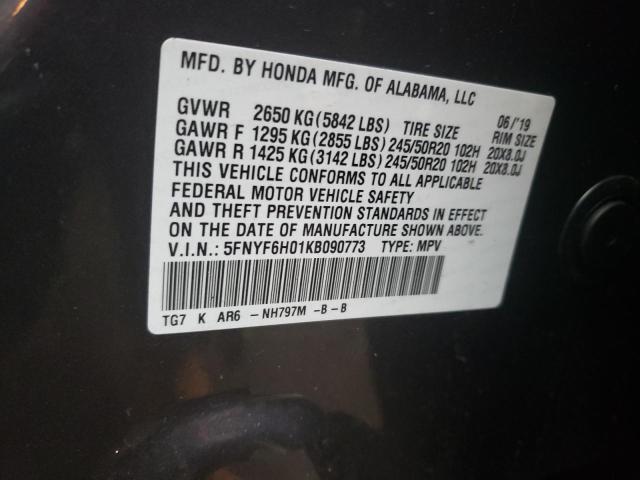 2019 HONDA PILOT ELIT 5FNYF6H01KB090773
