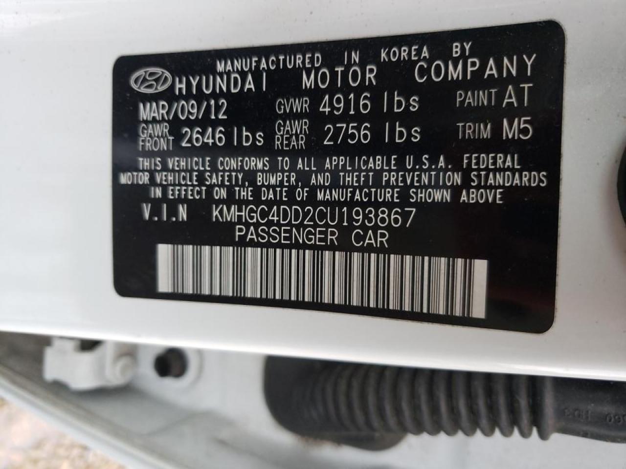 2012 Hyundai Genesis 3.8L VIN: KMHGC4DD2CU193867 Lot: 65706491