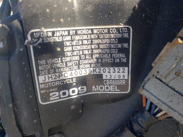 2009 HONDA CBR600 RR JH2PC40039K202322