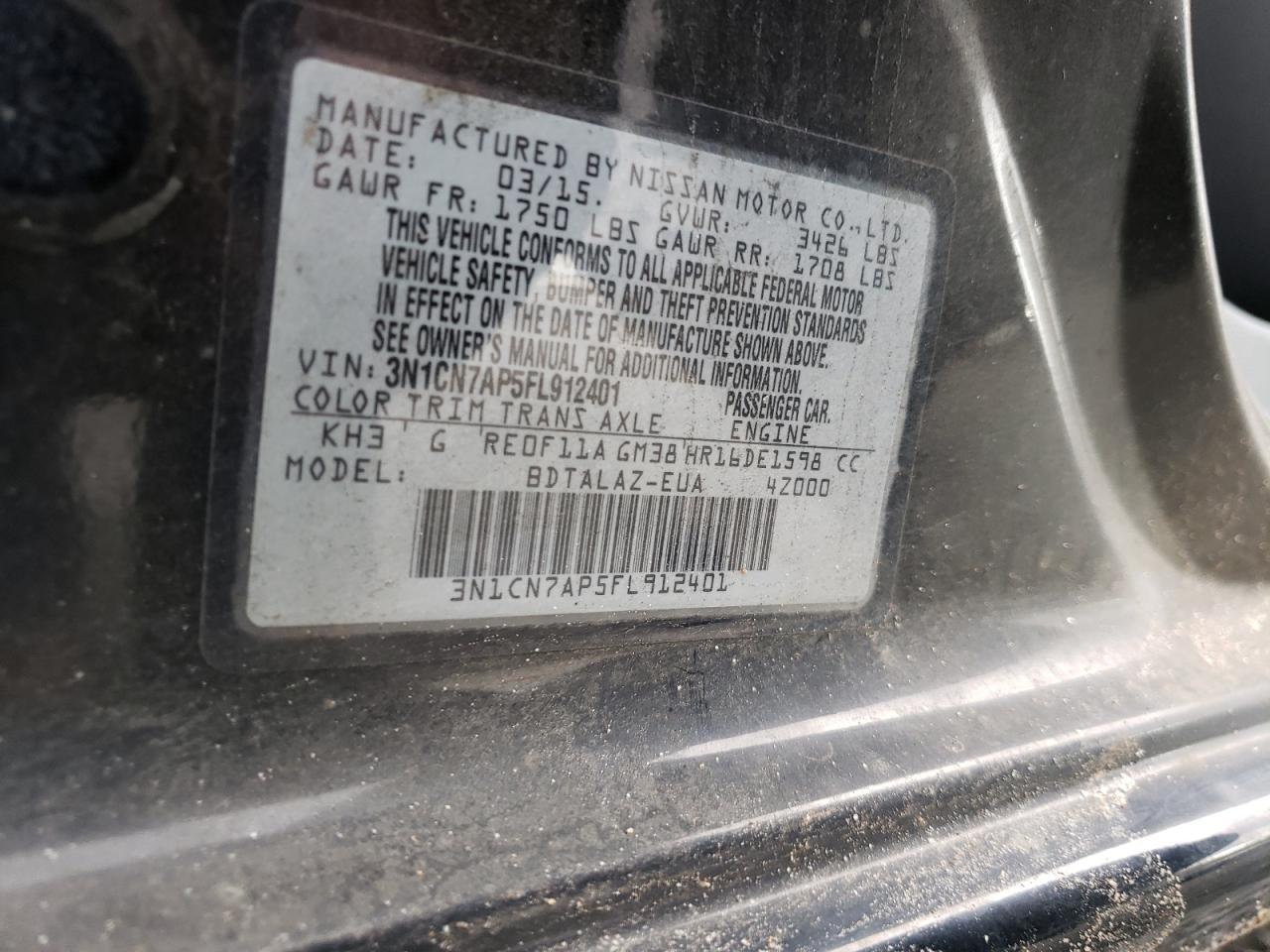 2015 Nissan Versa S VIN: 3N1CN7AP5FL912401 Lot: 68255391