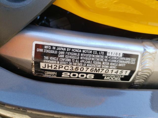 2006 HONDA CBR600 F4 JH2PC35076M701451