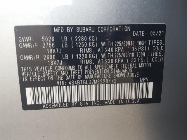 2021 SUBARU OUTBACK ON 4S4BTGLD7M3228472