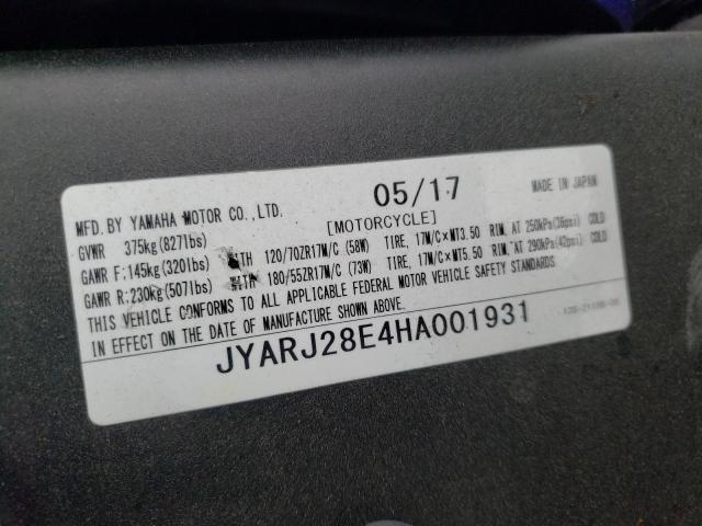2017 YAMAHA YZFR6 JYARJ28E4HA001931