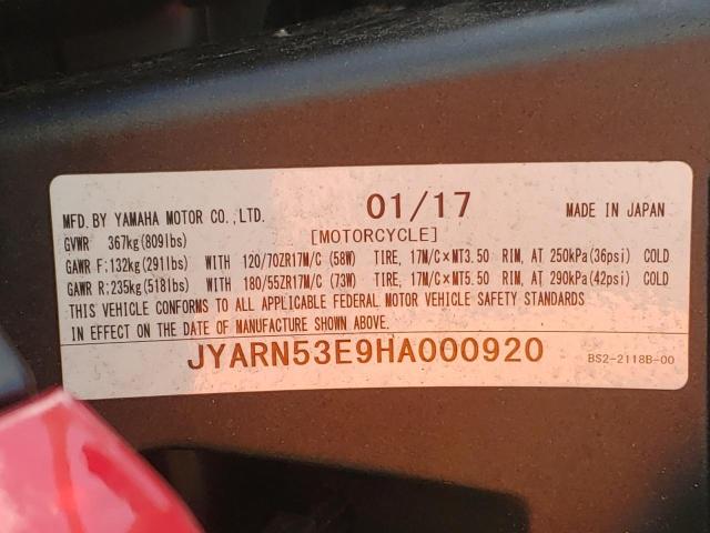 2017 YAMAHA FZ09 JYARN53E9HA000920