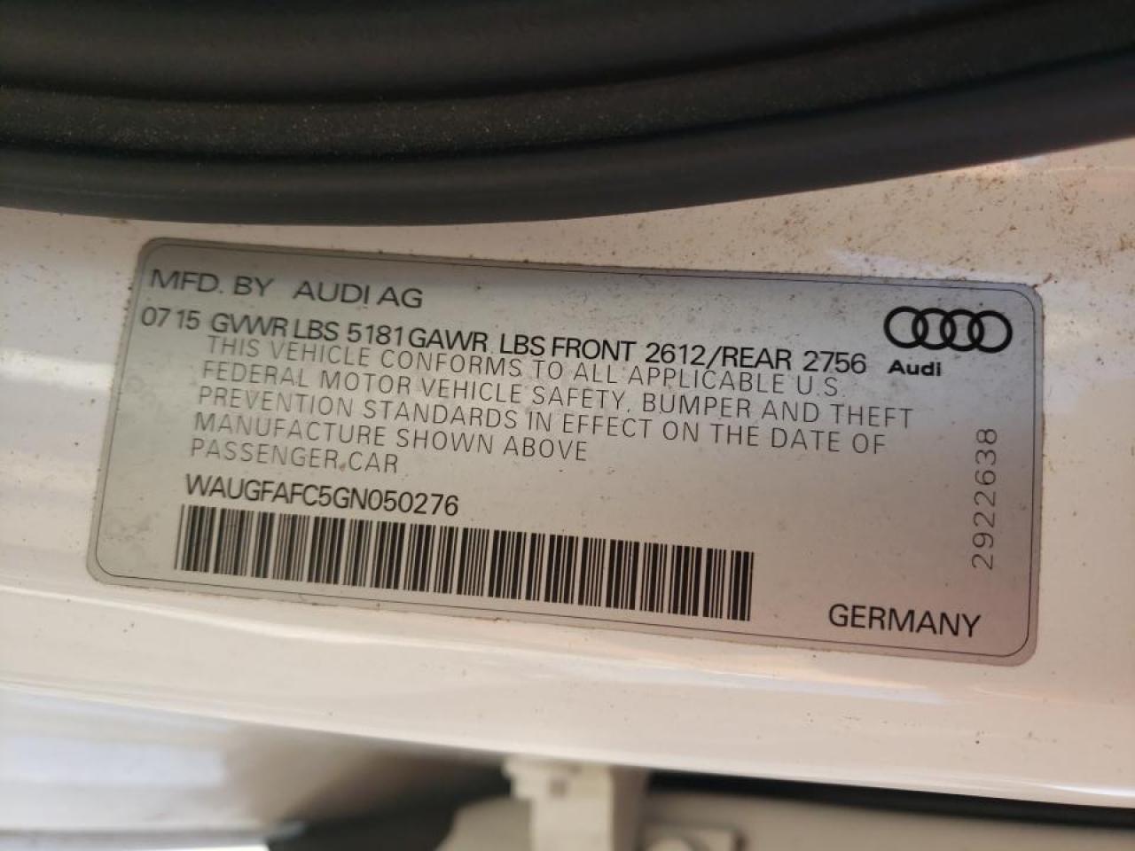 2016 Audi A6 Premium Plus VIN: WAUGFAFC5GN050276 Lot: 67568601