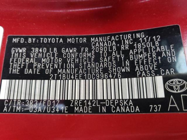2013 TOYOTA COROLLA BA 2T1BU4EE1DC996476