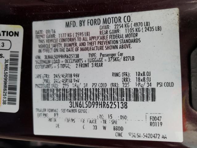2017 LINCOLN MKZ SELECT 3LN6L5D99HR625138