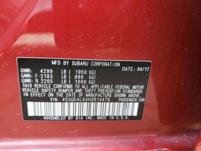 VIN: 4S3GKAL64H3614476 Auction: COPART Lot: 62343182 Location: FL - JACKSONVILLE NORTH 4S3GKAL64H3614476 SUBARU IMPREZA 2017 RED Photo 10