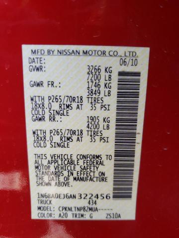 2010 NISSAN TITAN XE 1N6BA0EJ6AN322456
