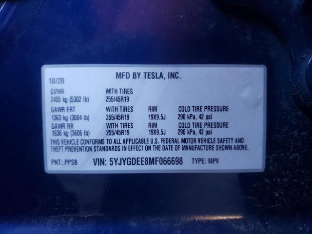 2021 TESLA MODEL Y 5YJYGDEE8MF066698