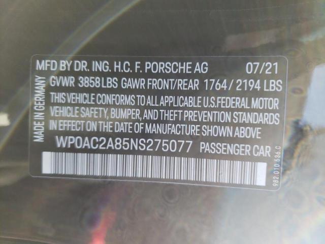 2022 PORSCHE CAYMAN GT4 WP0AC2A85NS275077