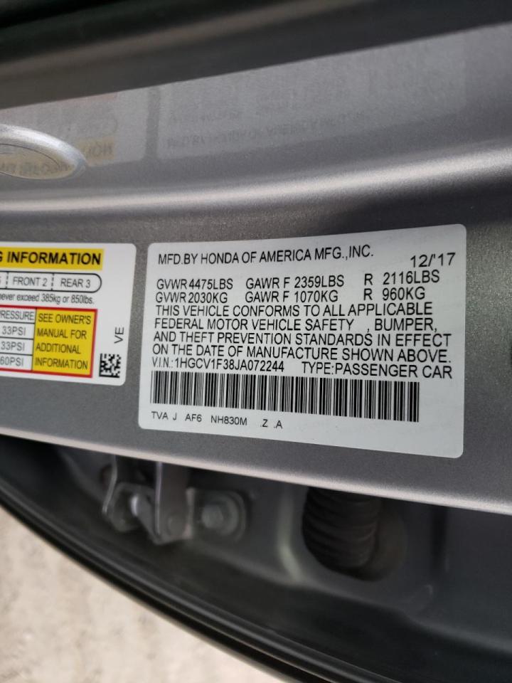 HONDA ACCORD 2018 VIN 1HGCV1F38JA072244 zdjęcie 10