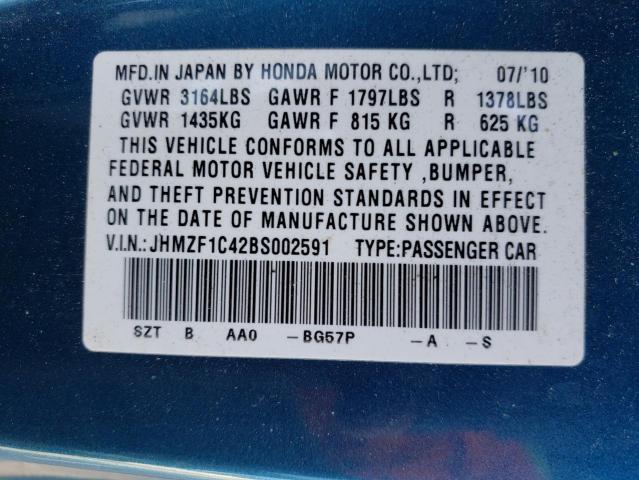 2011 HONDA CR-Z JHMZF1C42BS002591