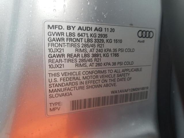 2021 AUDI Q8 PREMIUM WA1AVAF12MD018519