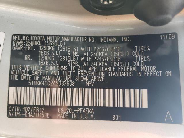 2010 TOYOTA SIENNA CE 5TDKK4CC2AS337638