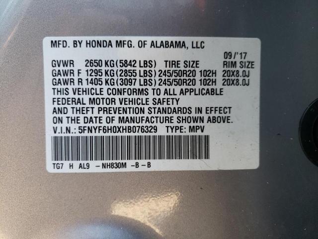 2017 HONDA PILOT ELIT 5FNYF6H0XHB076329