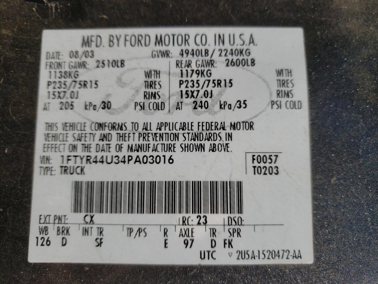 2004 Ford Ranger Super Cab VIN: 1FTYR44U34PA03016 Lot: 70291251