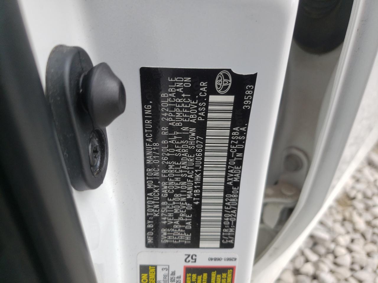 4T1B11HK1JU066077 2018 Toyota Camry L