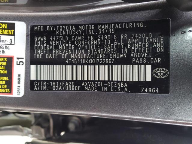 2019 TOYOTA CAMRY 4C 4T1B11HKXKU732967