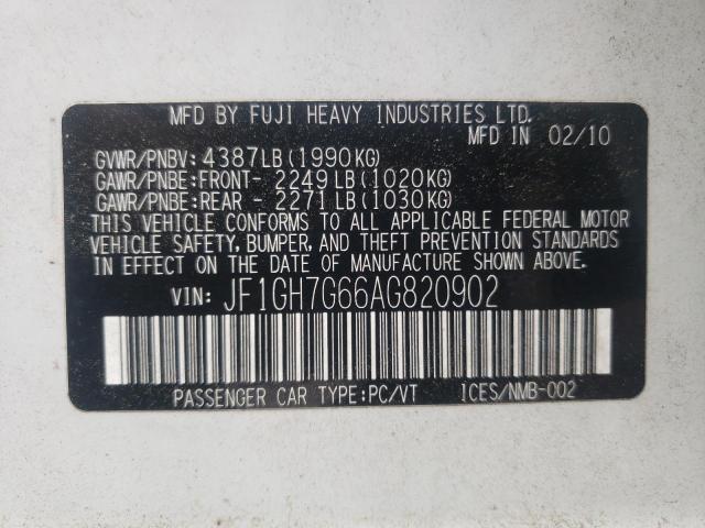 2010 SUBARU IMPREZA WR JF1GH7G66AG820902
