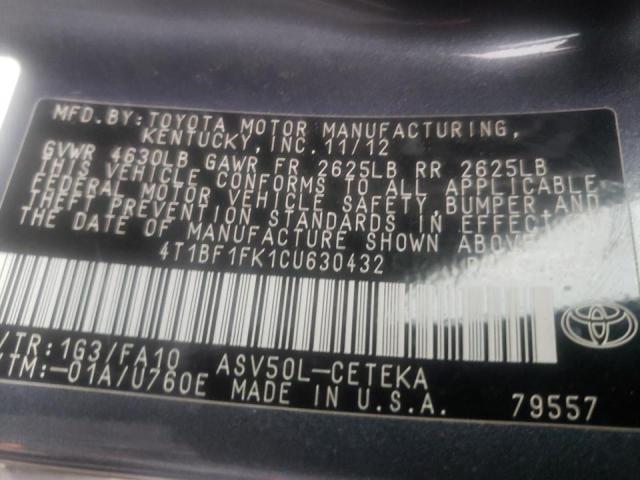 2012 TOYOTA CAMRY LE A 4T1BF1FK1CU630432