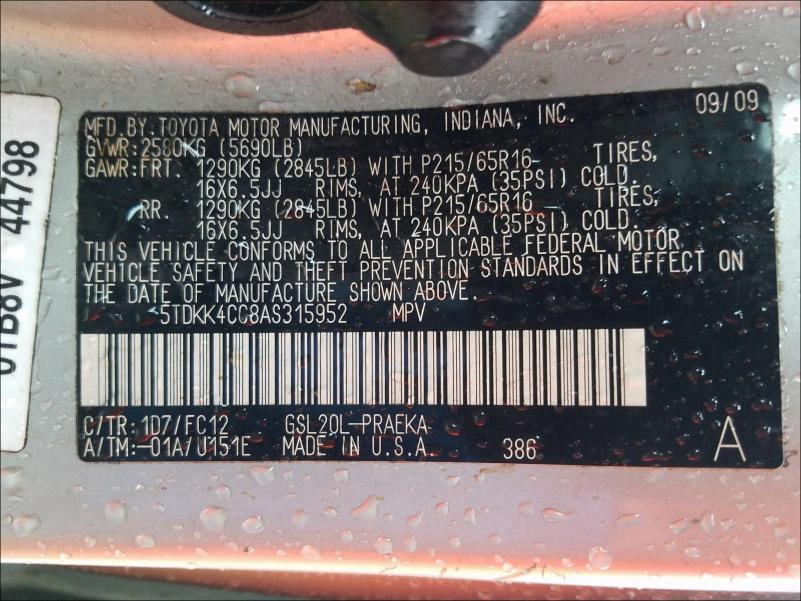 2010 TOYOTA SIENNA CE 5TDKK4CC8AS315952
