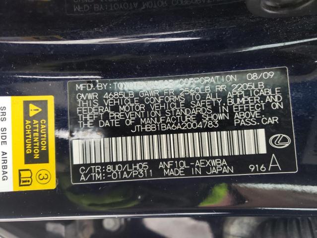 2010 LEXUS HS 250H JTHBB1BA6A2004783