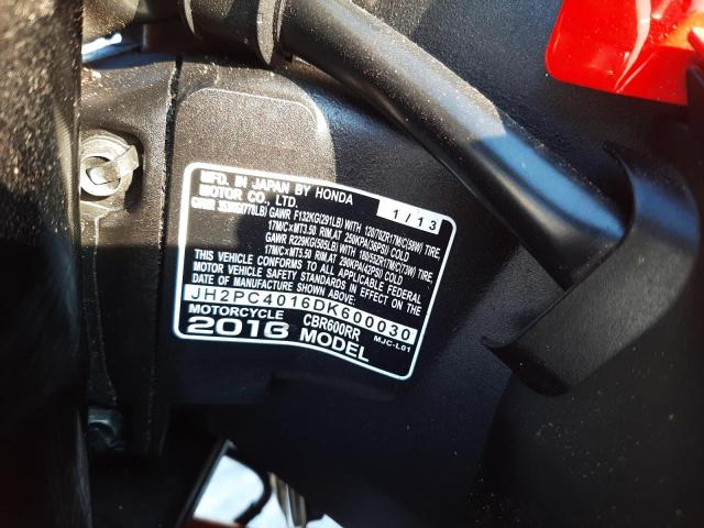 2013 HONDA CBR600 RR JH2PC4016DK600030