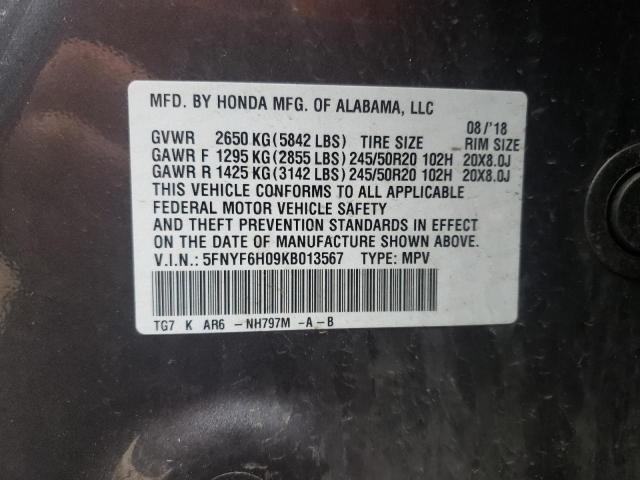 2019 HONDA PILOT ELIT 5FNYF6H09KB013567
