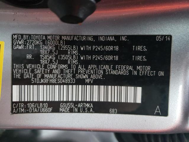 VIN 5TDJKRFH8ES048933 2014 Toyota Highlander, Xle no.10