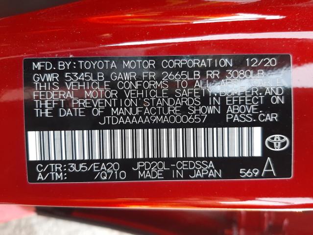 2021 TOYOTA MIRAI XLE JTDAAAAA9MA000657