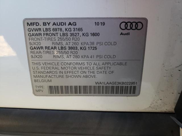 2019 AUDI E-TRON PRE WA1LAAGE3KB022951