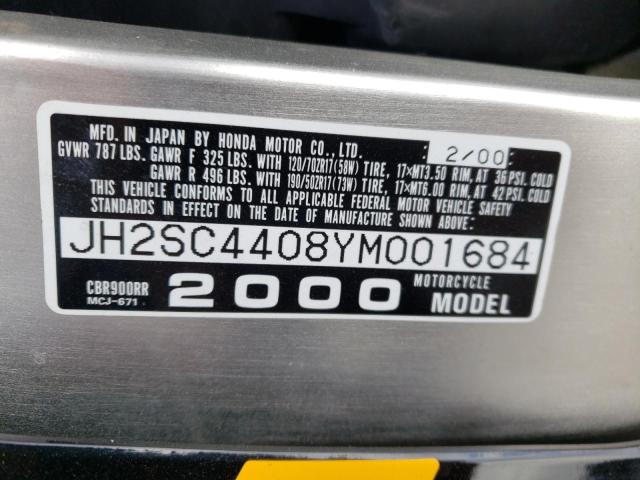 2000 HONDA CBR900 RR JH2SC4408YM001684