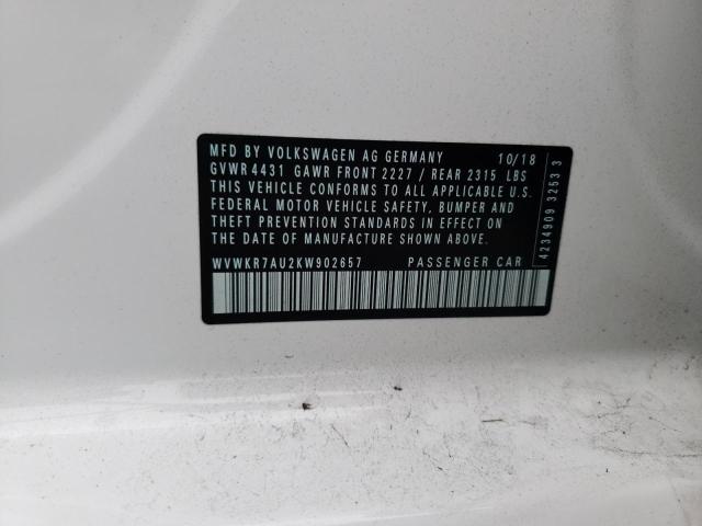 2019 VOLKSWAGEN E-GOLF SE WVWKR7AU2KW902657