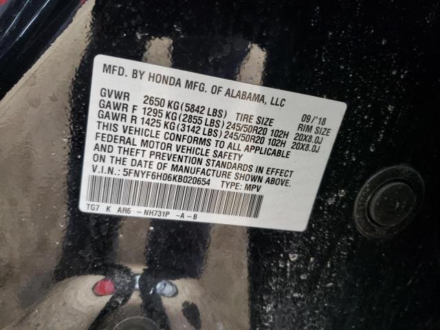2019 HONDA PILOT ELIT 5FNYF6H06KB020654