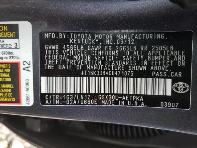 2012 TOYOTA AVALON BAS 4T1BK3DB4CU471075