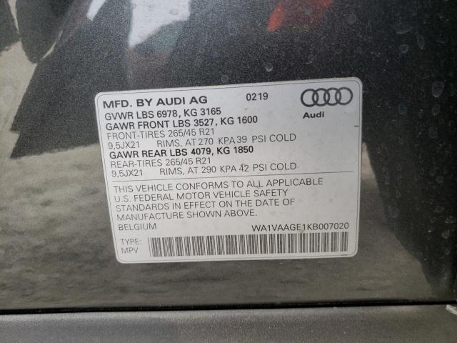 2019 AUDI E-TRON PRE WA1VAAGE1KB007020