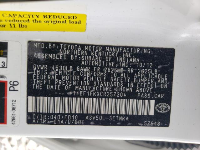 4T4BF1FKXCR257204 Toyota Camry Base 2012. Фото: 9