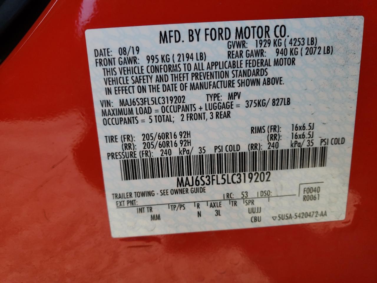 MAJ6S3FL5LC319202 2020 Ford Ecosport S