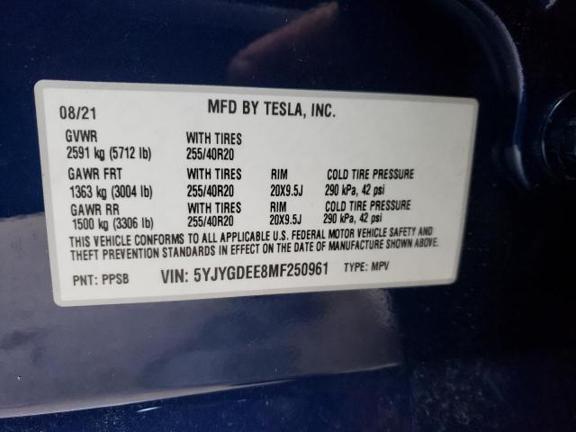 2021 TESLA MODEL Y 5YJYGDEE8MF250961