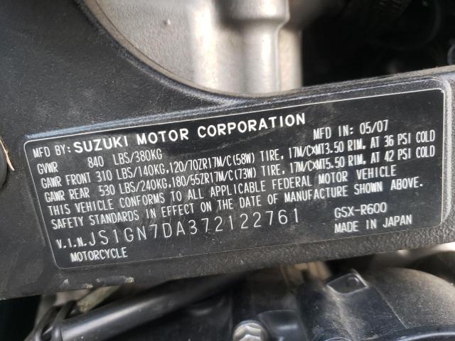 2007 SUZUKI GSX-R600 JS1GN7DA372122761
