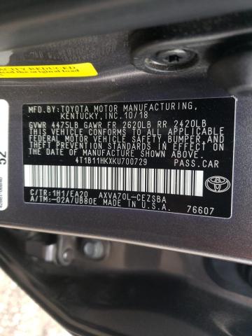 2019 TOYOTA CAMRY SE A 4T1B11HKXKU700729