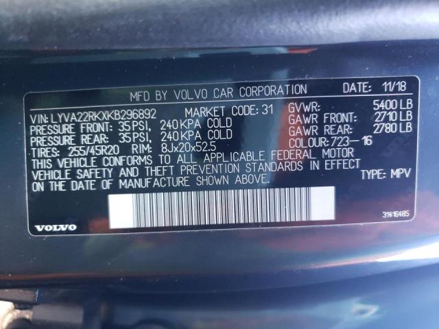 2019 VOLVO XC60 T6 MO LYVA22RKXKB296892