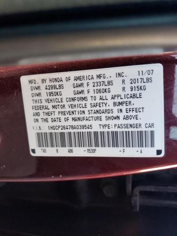 1HGCP26478A039545 Honda Accord Lxp 2008. Фото: 9