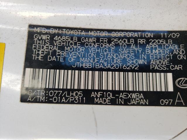 2010 LEXUS HS 250H JTHBB1BA3A2016292