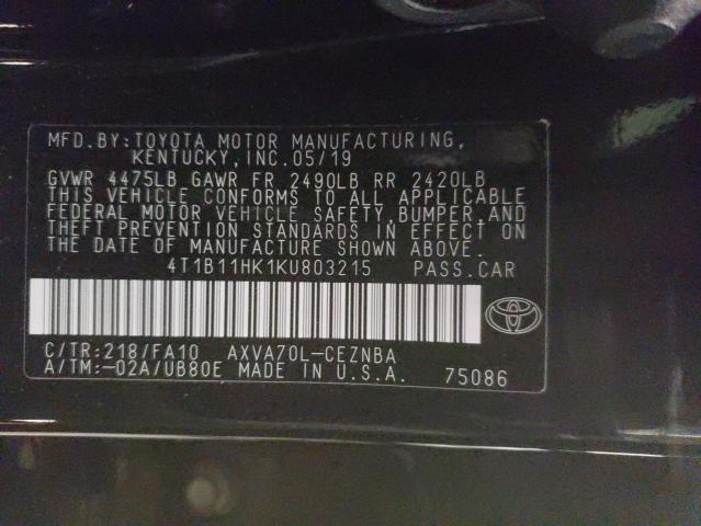 4T1B11HK1KU803215 Toyota Camry L 2019. Фото: 9